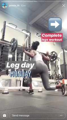 a woman is running through the gym with her leg day monday message in front of her