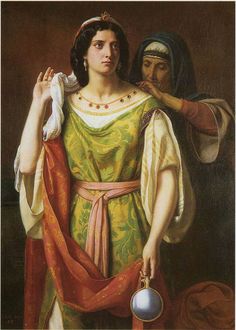 an image of a painting of a woman in ancient dress with a man standing next to her