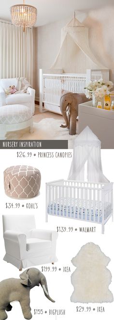 the baby's nursery is all white and has an elephant bed, crib, dresser