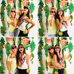 two women are posing for pictures in front of some tropical leaves and pineapples