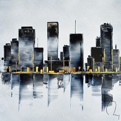 a painting of a city skyline in black and yellow