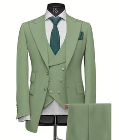 "This stunning sage green three-piece men's wedding suit is the perfect way to make a statement on your big day. The slim fit Italian Terry Rayon fabric is both stylish and comfortable, and the customizability allows you to create a look that is uniquely your own. The suit includes a single-breasted jacket with peak lapels, a matching pair of pants, and a vest. The jacket features two front pockets and two interior pockets, and the pants have two side pockets and one back pocket. The vest has four pockets. The suit is available in a variety of sizes to fit all body types. It can also be customized to your specific measurements. This suit is perfect for any formal occasion, from weddings to proms to galas. It is sure to turn heads and make you look your best. COMPULSARY  PLEASE MEASURE YOUR Fitted Green Wedding Suit, Green Double Breasted Tuxedo Suit For Wedding, Green Tuxedo Suit For Wedding, Green Double Breasted Notch Lapel Suit For Groom, Green Fitted Double Breasted Tuxedo, Elegant Green Slim Fit Suits, Green Tuxedo Style Three-piece Suit For Wedding, Fitted Green Tuxedo For Groom, Green Fitted Tuxedo For Groom