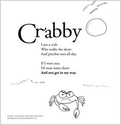 the crabby poem is shown in black and white, with an illustration of a crab on