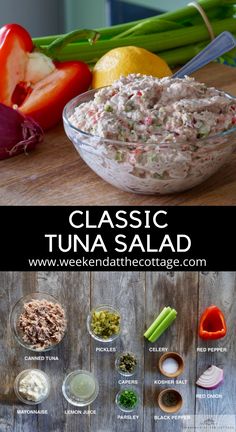 an image of tuna salad in a glass bowl on a wooden table with vegetables and seasonings