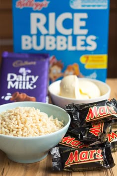 rice, milk, and other ingredients are on the table next to a box of ice cream