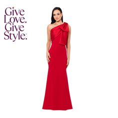 a woman in a red dress with the words give love, give style