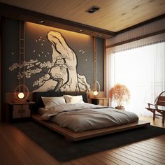 a large bed sitting in a bedroom next to a painting on the wall above it