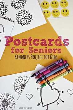 the cover of postcards for seniors is shown with crayons and colored pencils