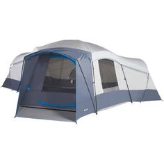 a tent with the door open on a white background and blue trim around the inside