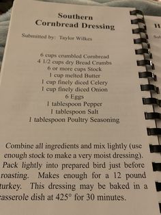 a recipe book with instructions for cornbread dressing