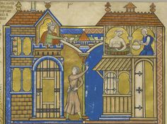 an illustration of a medieval scene with two men and a woman standing in front of a building