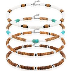 four different necklaces with wooden beads and white, brown and blue beads on them