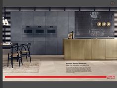 an advertisement for a kitchen with chairs and counter tops in front of a wall that has vertical stripes on it