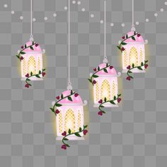 three hanging lights with flowers on them and one light in the middle is lit up