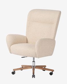 an office chair with wheels on the back and seat upholstered in beige fabric