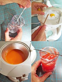 four pictures showing how to use a juicer and blender for making cocktails