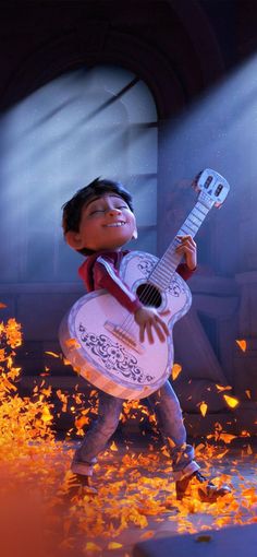 a cartoon character holding a guitar in front of fire