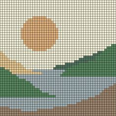 a cross - stitch pattern with an orange sun in the sky above water and land