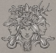 two women with horns and flowers on their head, one is wearing a deer's head