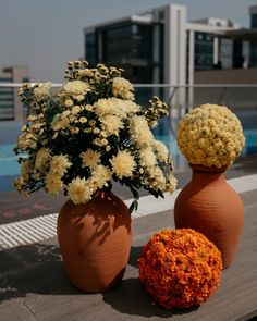 two vases with flowers sitting next to each other on a ledge near a swimming pool