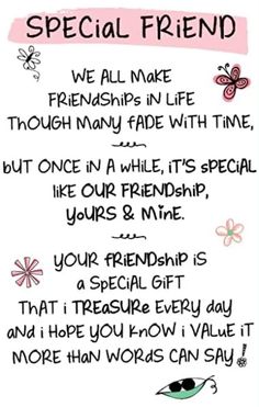 a pink and white poster with the words special friend written in black ink on it