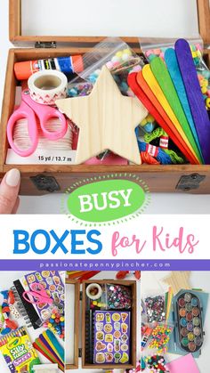 an open wooden box filled with lots of crafting supplies and crafts for kids to make