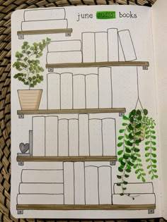 an open book with plants and bookshelves on it