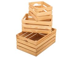 three wooden crates stacked on top of each other with lids and dividers to the sides