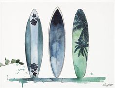 three surfboards are lined up against a white background with palm trees and blue watercolors