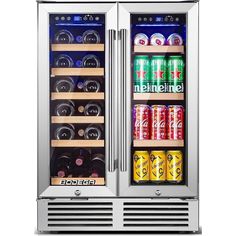 an open refrigerator with two doors and shelves filled with drinks