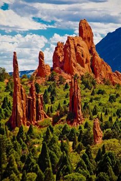 the garden of the gods, colorado springs is surrounded by towering rock formations and pine trees