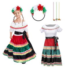 PRICES MAY VARY. Packing list: You will get a beautifully detailed Mexican dress with a white, red and green 3-color floral hairband and necklace. A complete celebration set with vibrant colors for a pleasant look Material: The mexican dress is crafted from polyester fabric for a comfortable fit. The Mexican flower headpiece, adorned with classic tri-color polyester flowers, provides a visually stunning and long-lasting accessory Feature: Effortlessly elegant Mexican maxi dress in vibrant colors Senorita Outfit, Folklorico Dress, Mexico Folklorico, Mexican Fancy Dress, Fiesta Costume, Frida Kahlo Dress, Mexican Fiesta Dresses, Toddler Fancy Dress, Traditional Mexican Dress