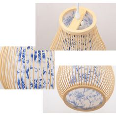 three different views of a blue and white lamp