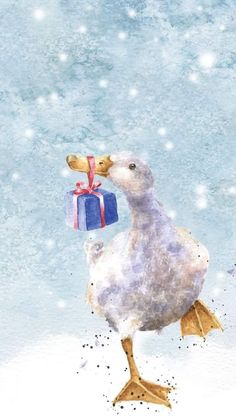 a painting of a duck with a gift box in its beak and snowflakes on the background