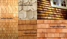 different types of shingles are shown on the side of a wooden building with windows