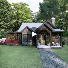 this is an artist's rendering of a small house in the middle of a garden