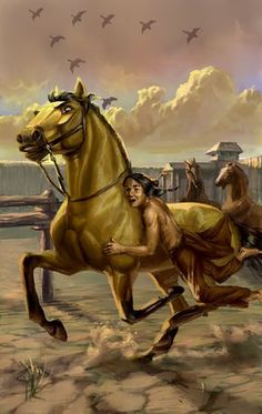 a painting of a man riding on the back of a horse