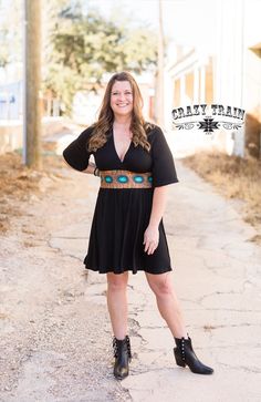 Try something new with this simple black dress from Crazy Train! It features a faux turquoise and tooled leather print belt for a fun, stylish accent. Dare to be a Ranch Royalty in this dress! 95% Rayon/ 5% Spandex Model is 5'7" wearing a large 32723 Size Fits X-Small 0/2 Small 4/6 Medium 8/10 Fringe Skirts, Rodeo Dress, Royalty Dress, Western Dresses For Women, Simple Black Dress, Crazy Train, Queen Dress, Early Spring Outfits, Fringe Skirt