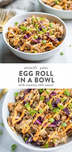 egg roll in a bowl with creamy chili sauce on top and an egg roll in the middle