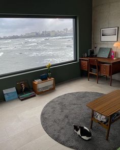 a living room with a cat laying on the floor in front of a large window