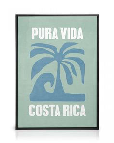 a poster with the words costa rica in white and blue on a light green background