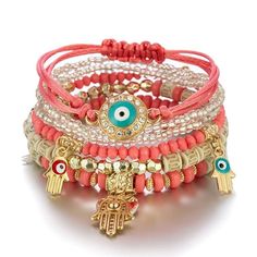 Bohemian Stackable Multilayer Hamsa Hand Evil Eye Lucky Protection Bracelets Multicolor Crystal Charm Beaded Bracelet for Women Girls Hand Hart, Rice Bead Bracelet, Fatima Hand, Lucky Blue, Turquoise Accents, Bangle Bracelet Set, Rice Bead, Beaded Rope, Bracelets Set