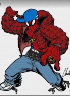 a drawing of a spider - man in jeans and a blue hat with his hands up