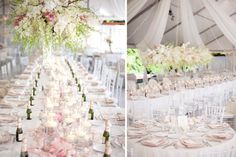 the tables are set with white and pink flowers