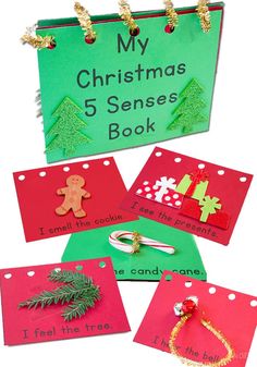 christmas cards with scissors and magnets in front of a sign that says, my christmas 5 senses book