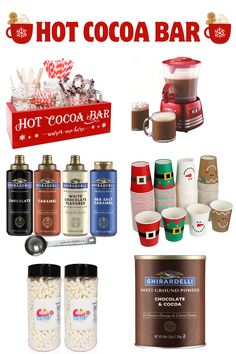 various types of hot cocoa bar products are shown in this image with the words hot cocoa bar on it