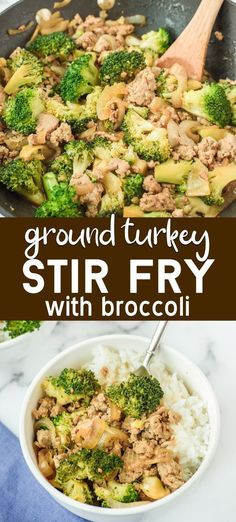 ground turkey stir fry with broccoli in a skillet