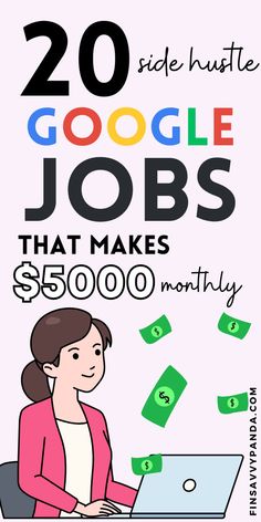 a woman sitting at a desk with money coming out of her laptop and the words 20 side hustle google jobs that makes $ 350, 000