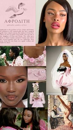 the collage shows different images of women in pink and white dresses, with one woman wearing