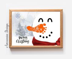 a snowman wearing a red scarf and hat with the words merry christmas written on it